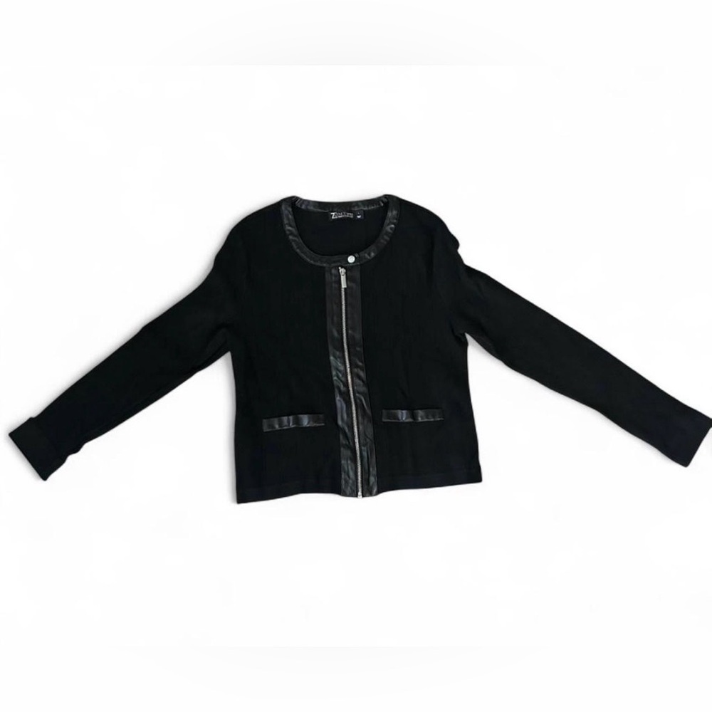 NY & Co 7th Avenue Black Zip Cardigan Jacket Faux Leather Trim Large Moto Style - Picture 2 of 6